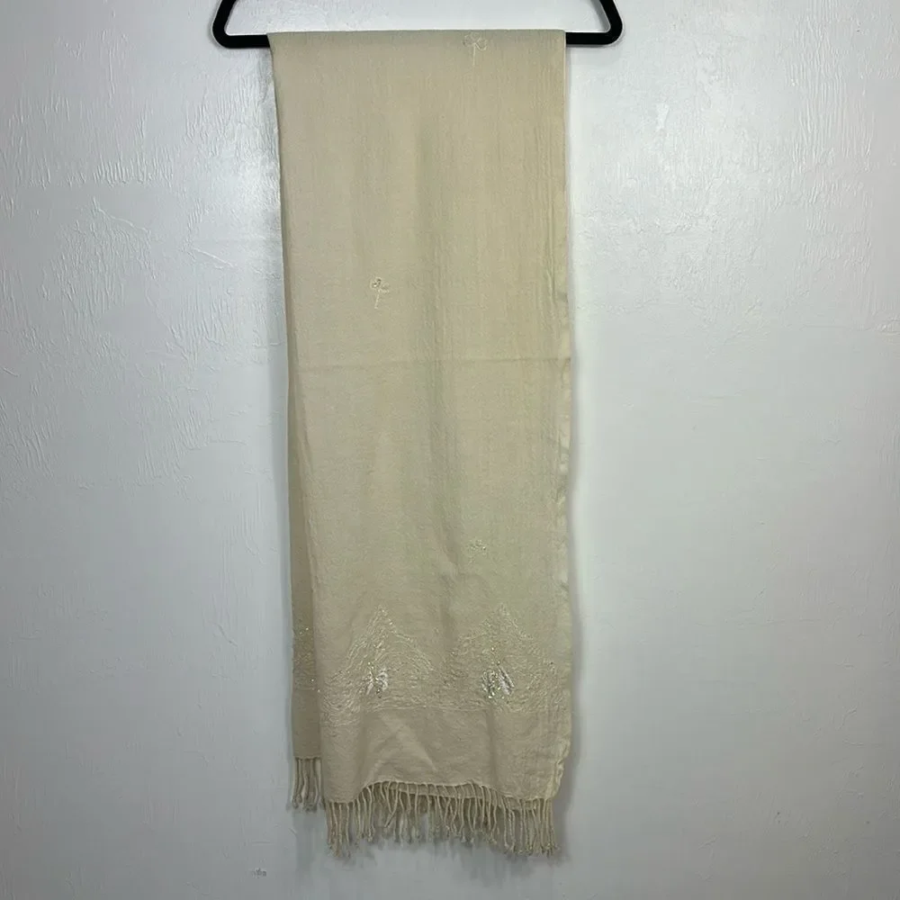 Frangi Tie Rack Wool Cream Color Christmas Tree Embroidered Beaded Scarf